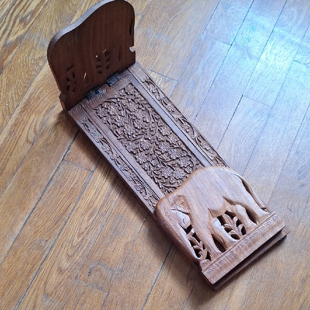 Intricate Carved Wooden Book Stand with Elephant Motif